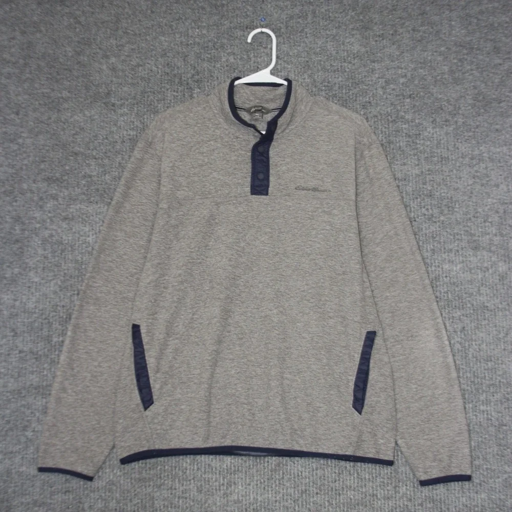 Eddie Bauer Snap Mock‎ Neck Pullover Mens L Gray Fleece Sweatshirt Pocket